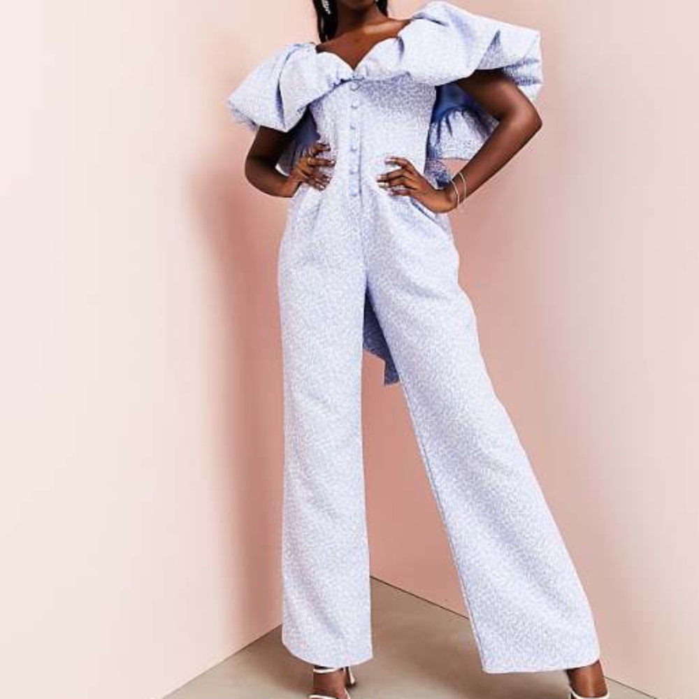 ASOS LUXE bubble Bardot jacquard wide leg jumpsuit in blue ditsy floral